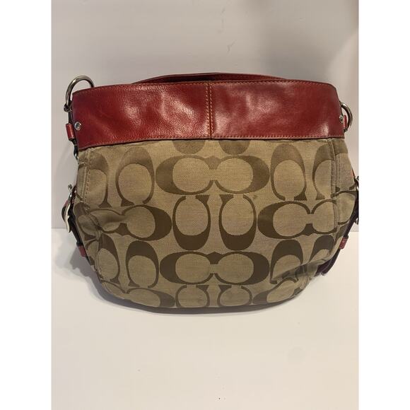 COACH Zoe Signature Monogram Jacquard Hobo Shoulder Bag - Red Leather Trim - Picture 5 of 10